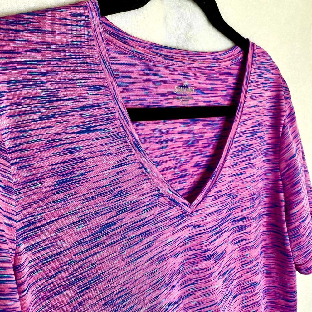 Spalding Short Sleeve Space Dye Speed Dri Workout Tee XL Pink Blue Gym T-Shirt - Picture 2 of 7